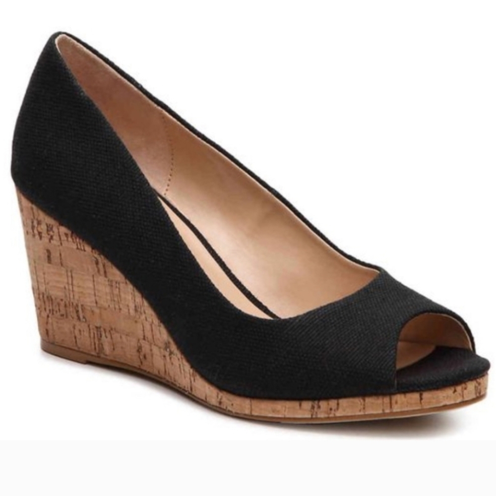Kelly & Katie Kaydena Black Tan Cork Heel Peep-Toe Wedges Size 10